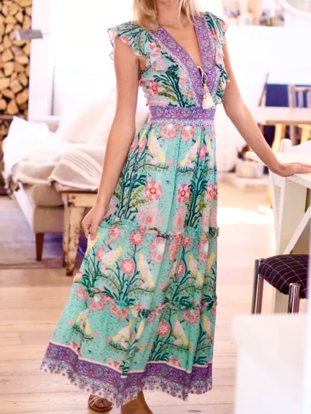 Bohemian Floral Maxi Dress in Aqua with Purple Trim